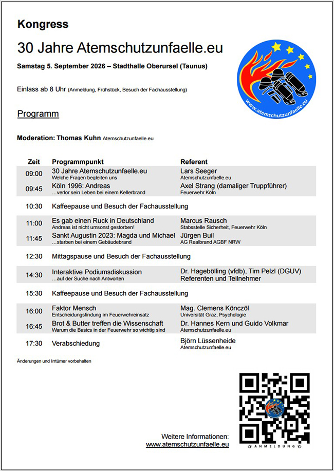 LIVE-Kongress 2026 - Atemschutzunfaelle.eu richtet Blick auf Vergangenheit, Gegenwart und Zukunft der Einsatzsicherheit 3 Atemschutzunfälle.eu Kongress 5. September 2026 - Programm