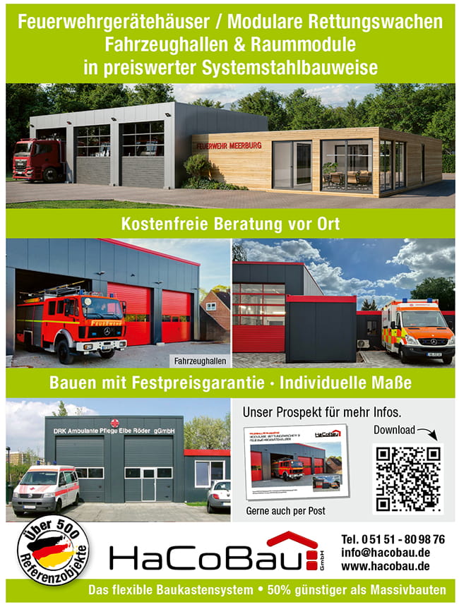 Hacobau: Einsatzarchitektur im Wandel Systembauweise als neue Generation von Feuerwehrgerätehäusern 4 Feuerwehr Fachjournal 26 2 Advertorial Hacobau005