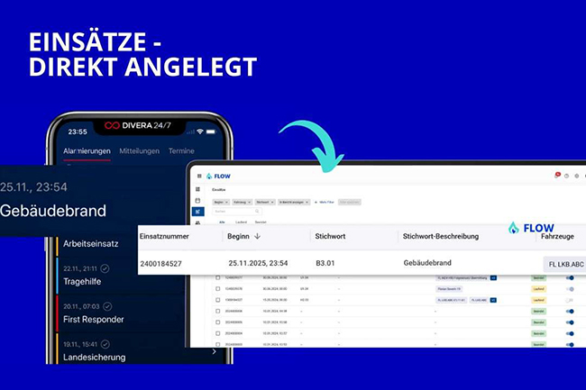 Auf der 112Rescue erleben: Feuerwehr-Software, die miteinander spricht 2 PM 2025 06 24 VOMATEC Schnittstelle FLOW DIVERA 9 s