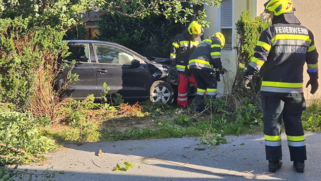 PKW landet nach Kollision mit Hausmauer in Garten 2 VU 2026062706