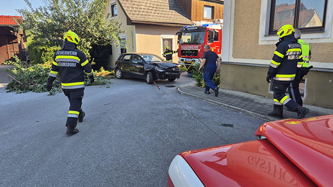 PKW landet nach Kollision mit Hausmauer in Garten 3 VU 2026062709